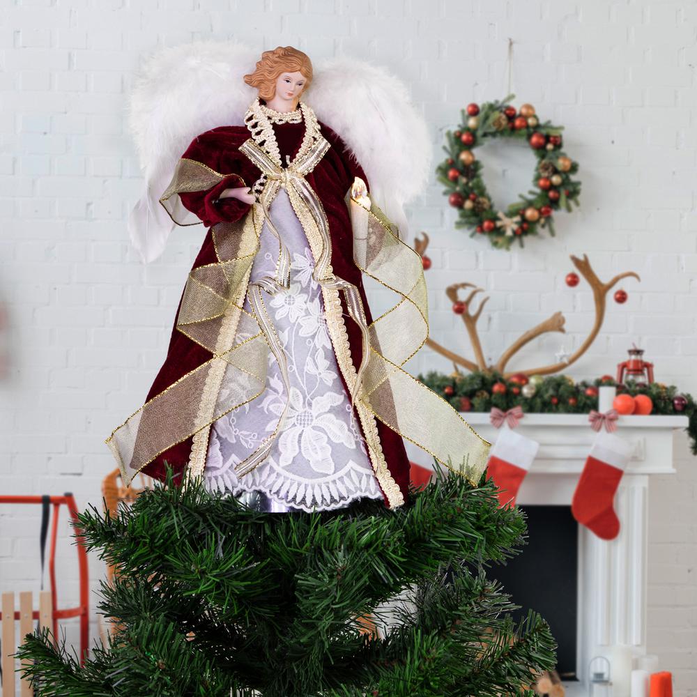 14" Burgundy and White Angel with Lighted Candle Christmas Tree Topper. Picture 2