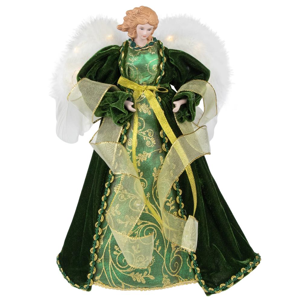 14" Green and Gold Angel with Lighted Wings Christmas Tree Topper. Picture 1