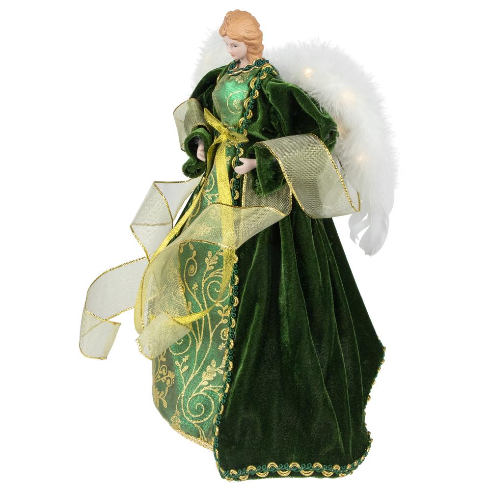 14" Green and Gold Angel with Lighted Wings Christmas Tree Topper. Picture 3