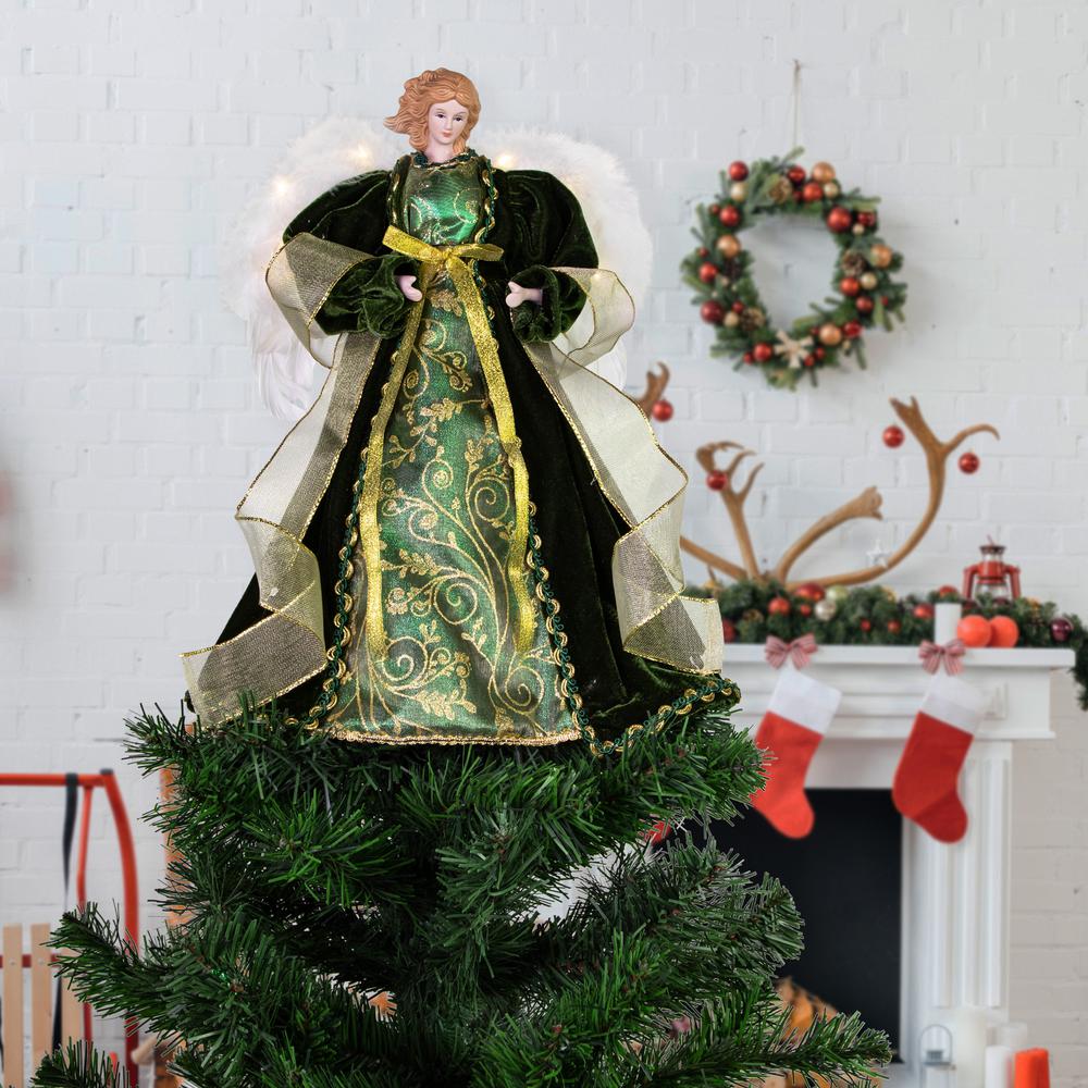 14" Green and Gold Angel with Lighted Wings Christmas Tree Topper. Picture 2