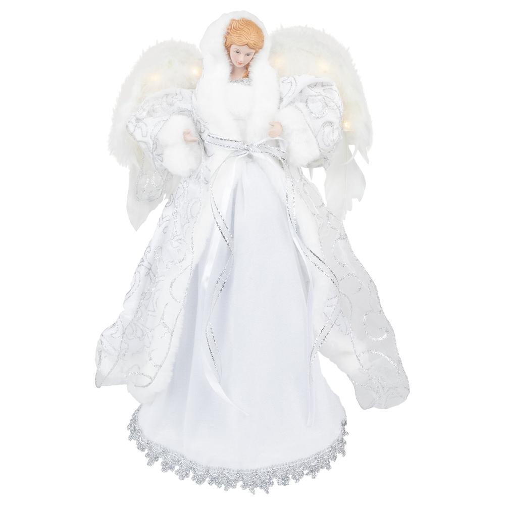 14" White Angel with Lighted Wings Christmas Tree Topper. Picture 1