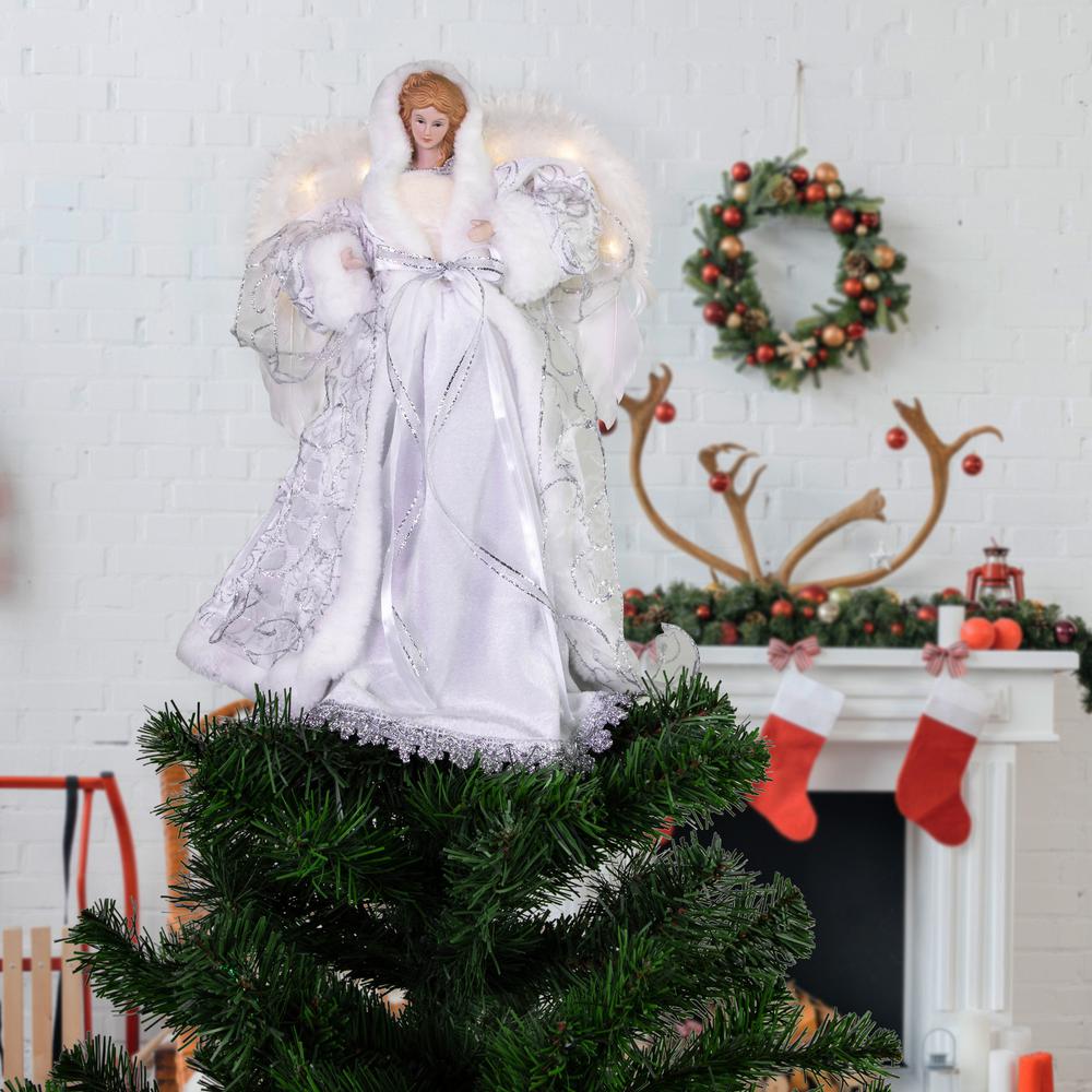 14" White Angel with Lighted Wings Christmas Tree Topper. Picture 2
