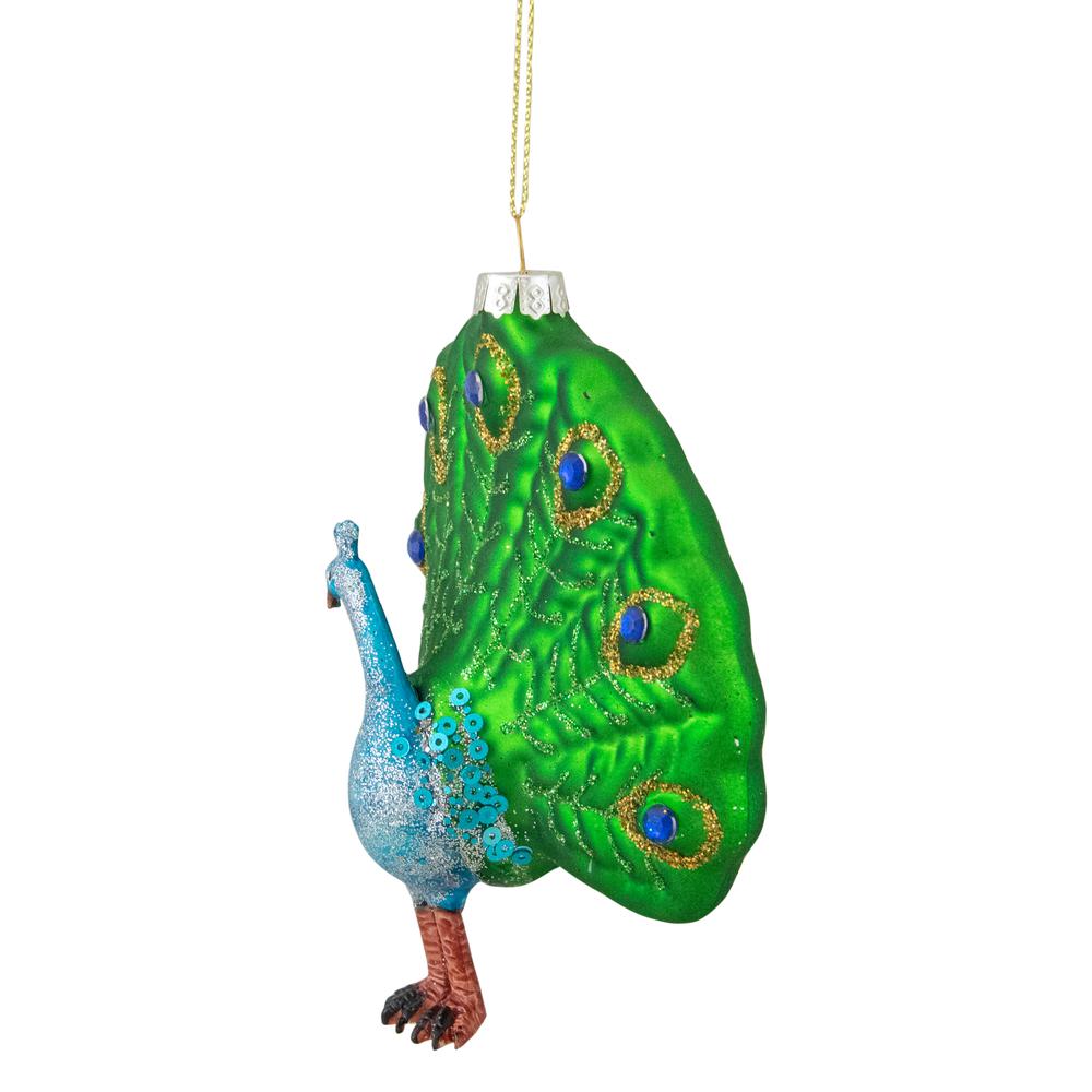4" Green and Blue Glass Peacock Christmas Ornament. Picture 2