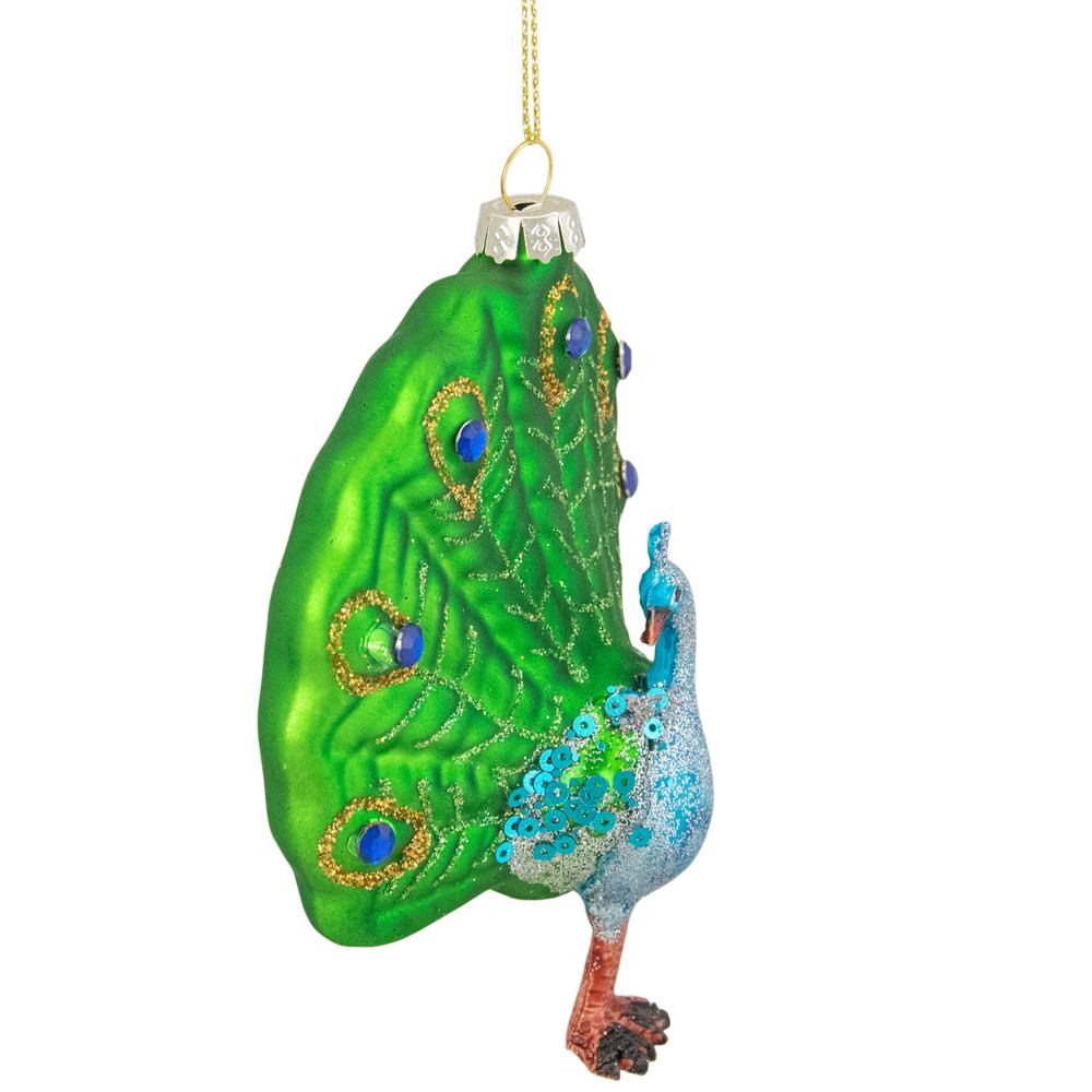 4" Green and Blue Glass Peacock Christmas Ornament. Picture 3