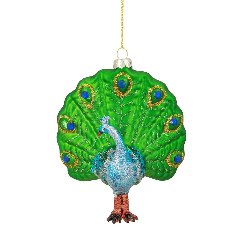 4" Green and Blue Glass Peacock Christmas Ornament. Picture 1