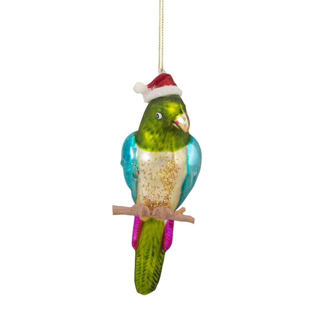 6.25" Green and Blue Parrot in a Santa Hat Glass Christmas Ornament. Picture 1