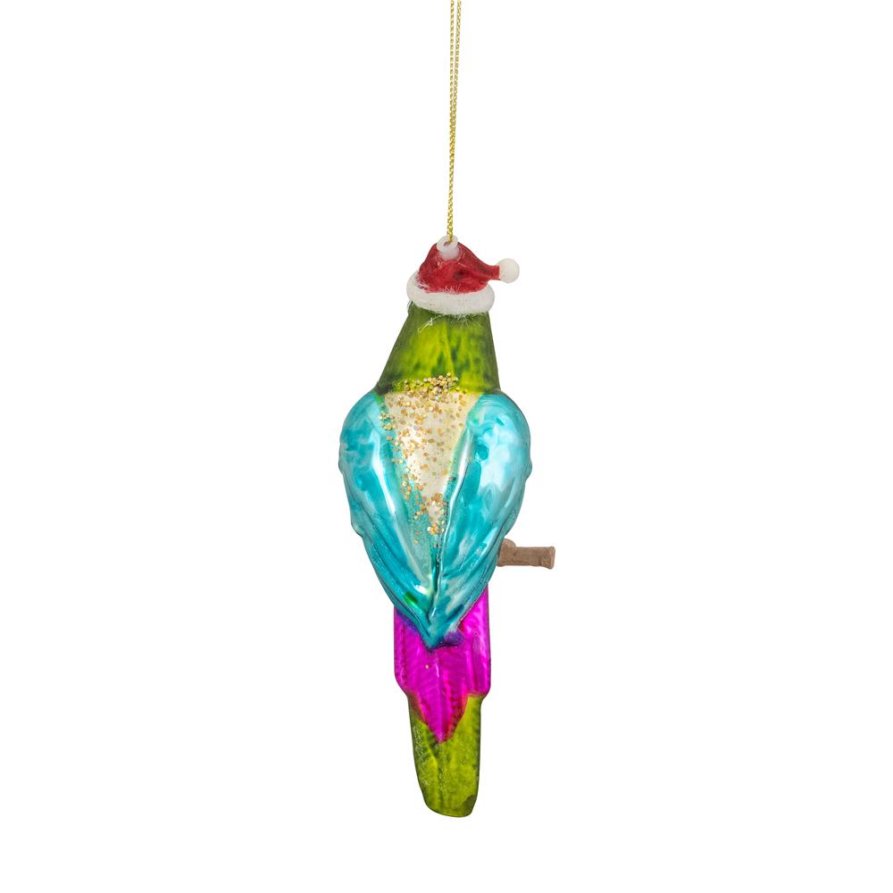 6.25" Green and Blue Parrot in a Santa Hat Glass Christmas Ornament. Picture 3