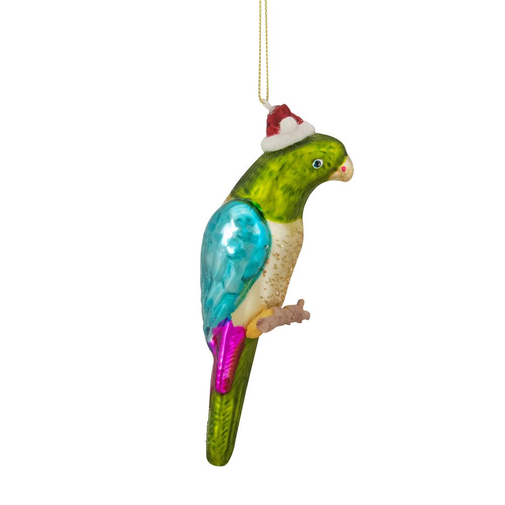 6.25" Green and Blue Parrot in a Santa Hat Glass Christmas Ornament. Picture 4