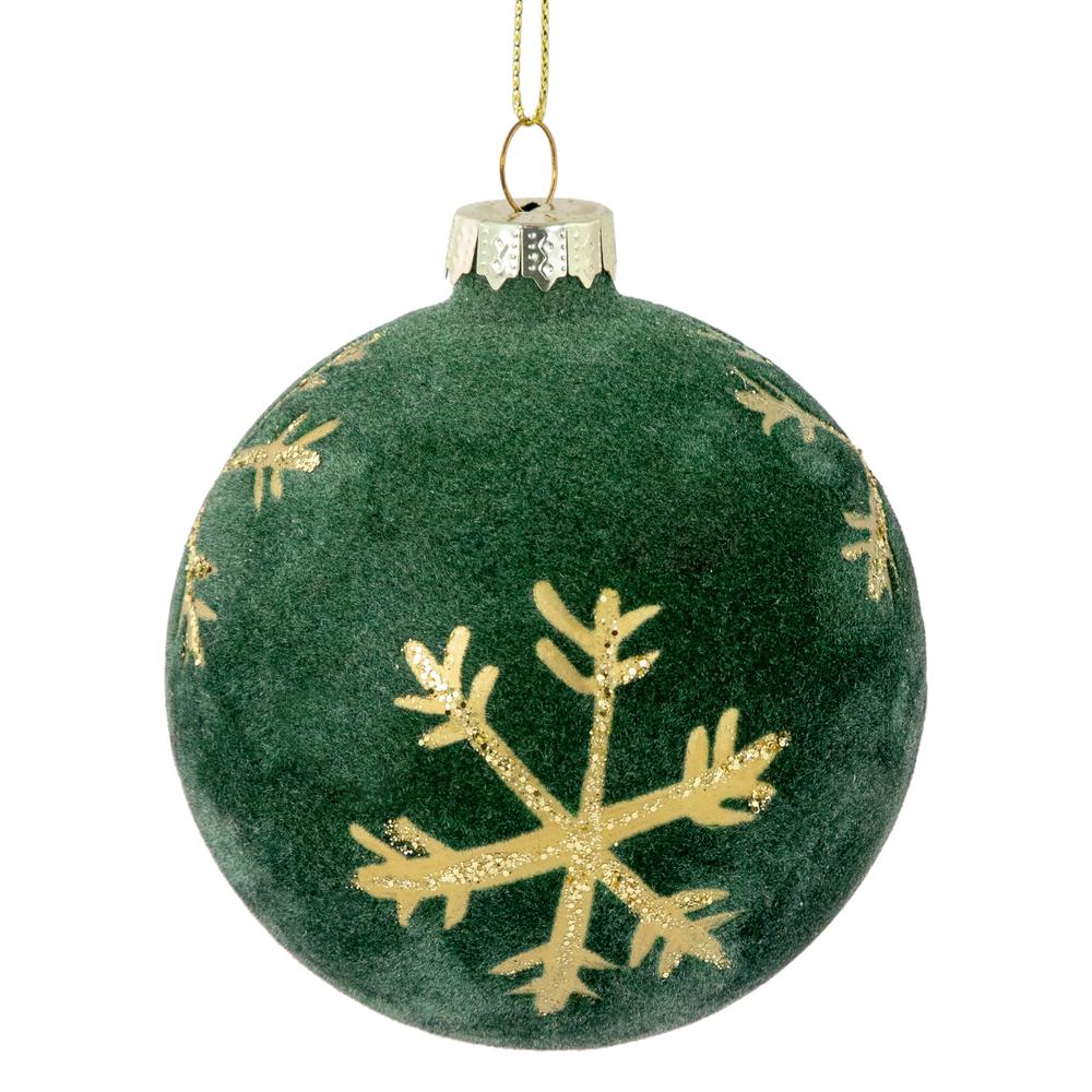 4ct Green Velvet Glass Christmas Ball Ornaments with Gold Snowflakes 3" (80mm). Picture 4