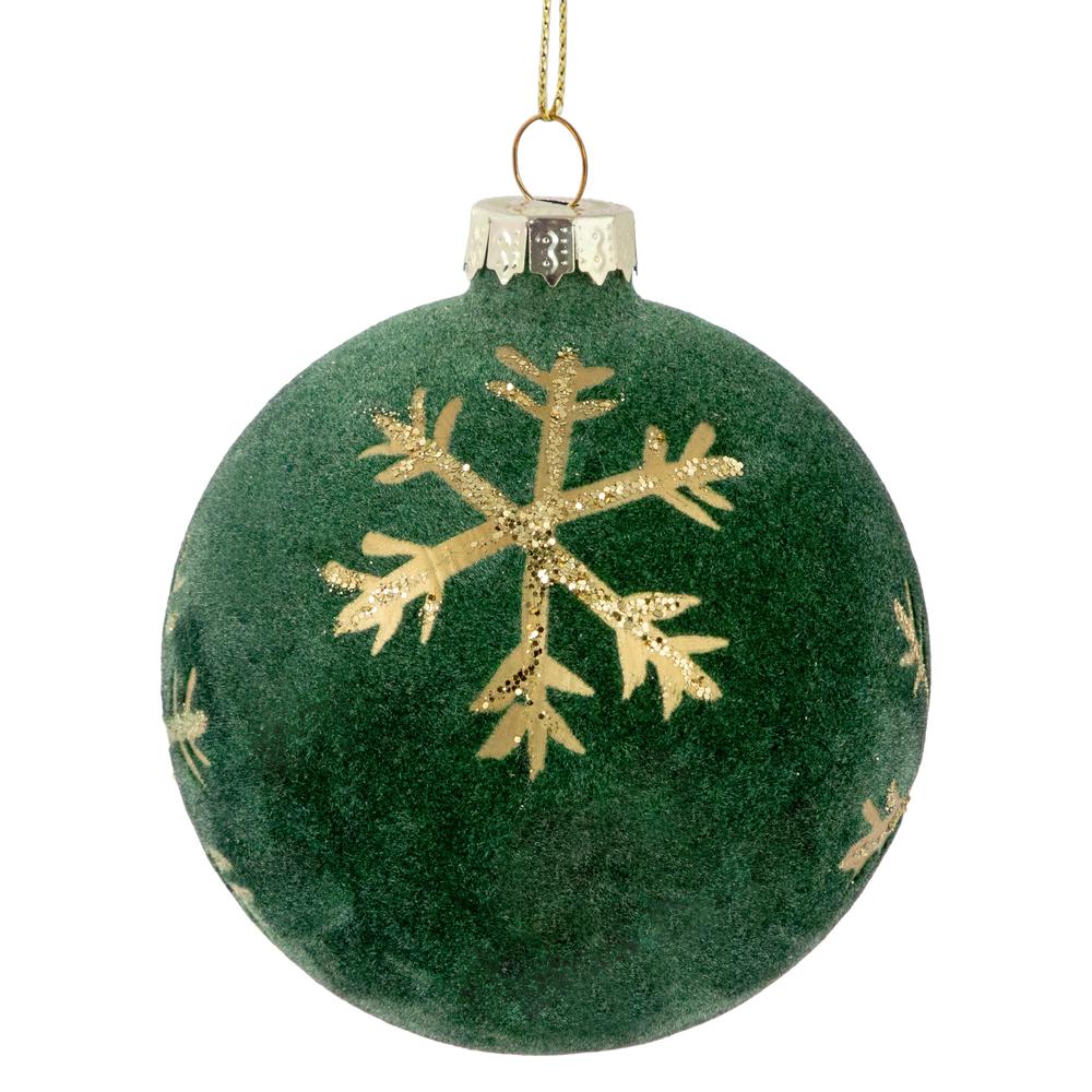 4ct Green Velvet Glass Christmas Ball Ornaments with Gold Snowflakes 3" (80mm). Picture 3