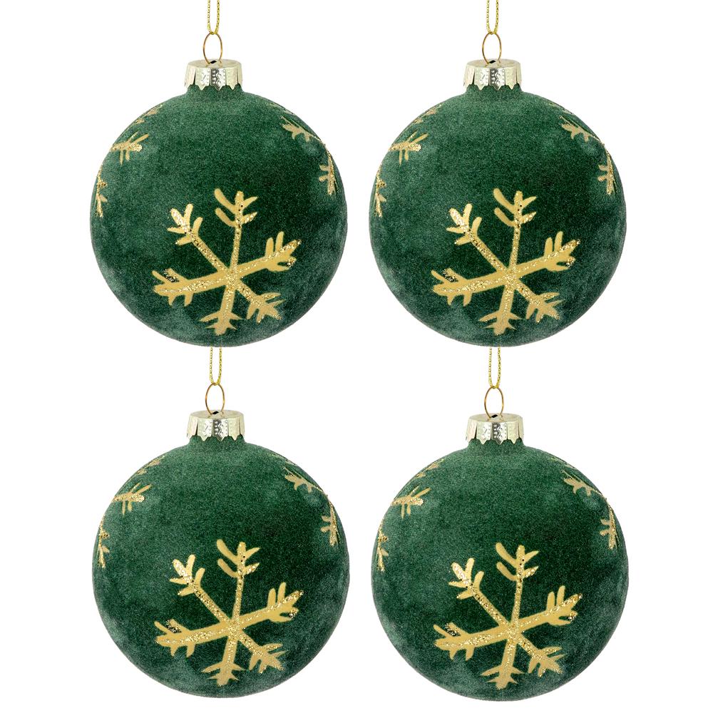 4ct Green Velvet Glass Christmas Ball Ornaments with Gold Snowflakes 3" (80mm). Picture 1