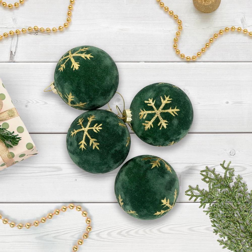 4ct Green Velvet Glass Christmas Ball Ornaments with Gold Snowflakes 3" (80mm). Picture 2