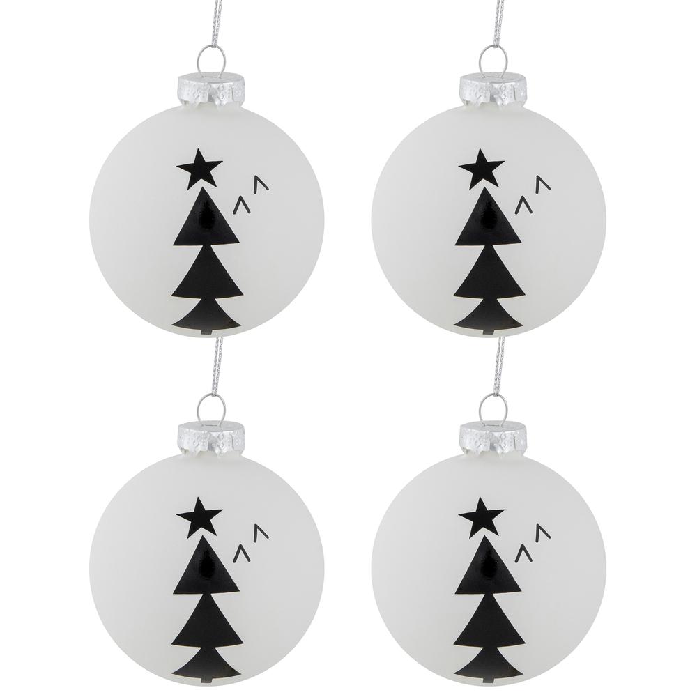 4ct White Glass Ball Ornaments with Black Christmas Trees 3". Picture 1