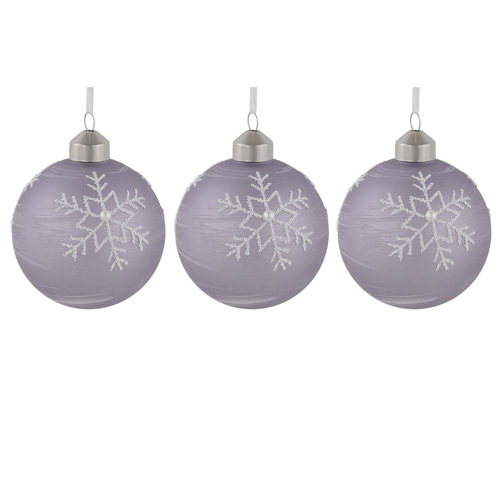 3ct Purple Glass Ball Christmas Ornaments with Snowflakes 3" (80mm). Picture 1