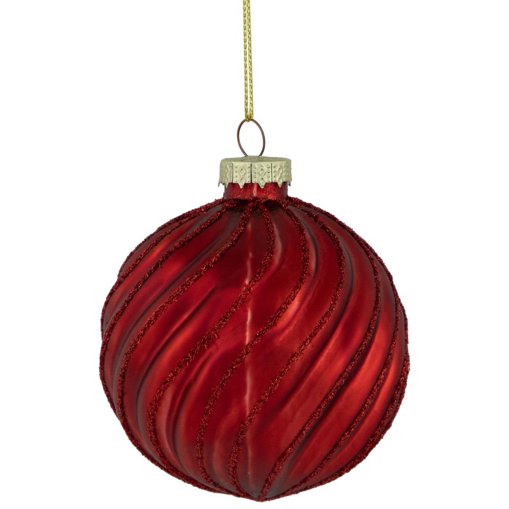 4ct Red Swirls Glittered Christmas Ball Ornaments 3" (80mm). Picture 1