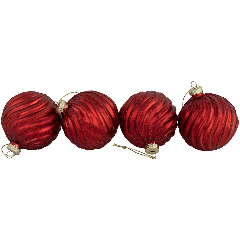 4ct Red Swirls Glittered Christmas Ball Ornaments 3" (80mm). Picture 3