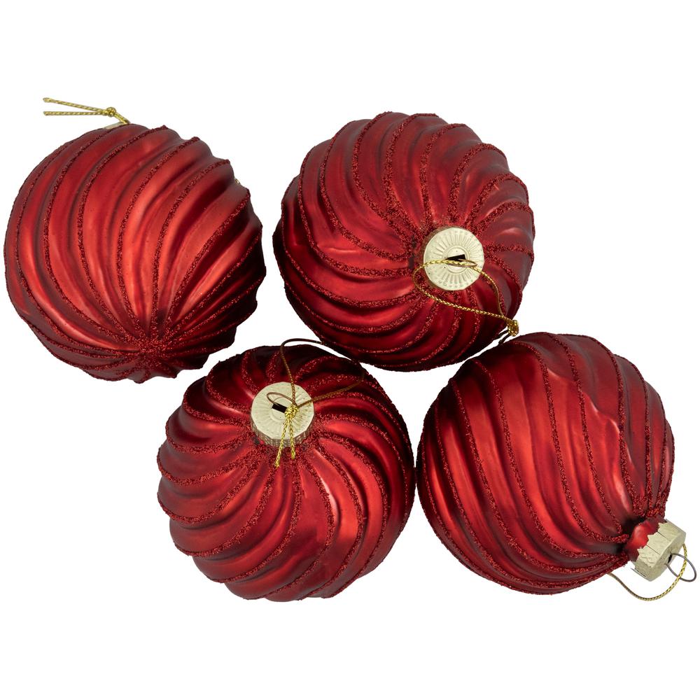 4ct Red Swirls Glittered Christmas Ball Ornaments 3" (80mm). Picture 4