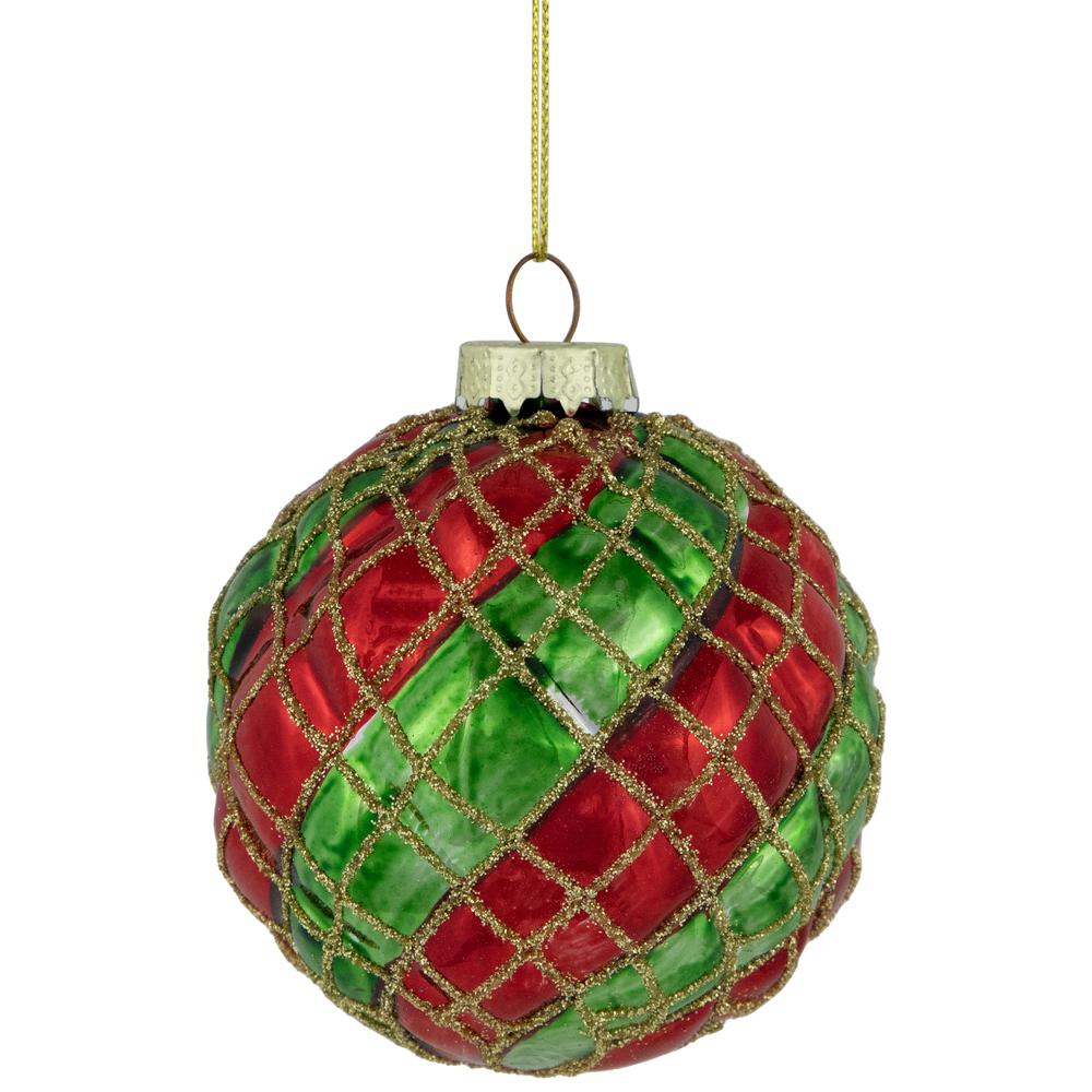 4ct Red and Gold Basket Weave Christmas Glass Ball Ornaments 3". Picture 1