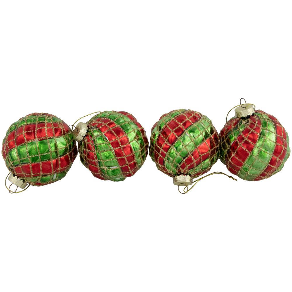 4ct Red and Gold Basket Weave Christmas Glass Ball Ornaments 3". Picture 3