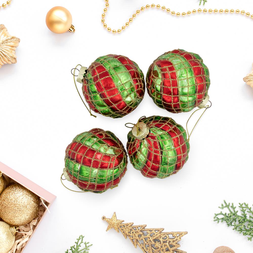 4ct Red and Gold Basket Weave Christmas Glass Ball Ornaments 3". Picture 2