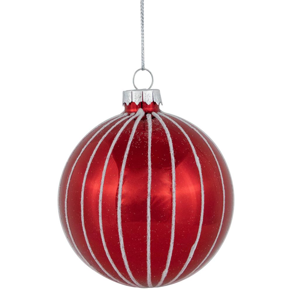 4ct Shiny Red and White Striped Glass Ball Christmas Ornaments 3" (80mm). Picture 1