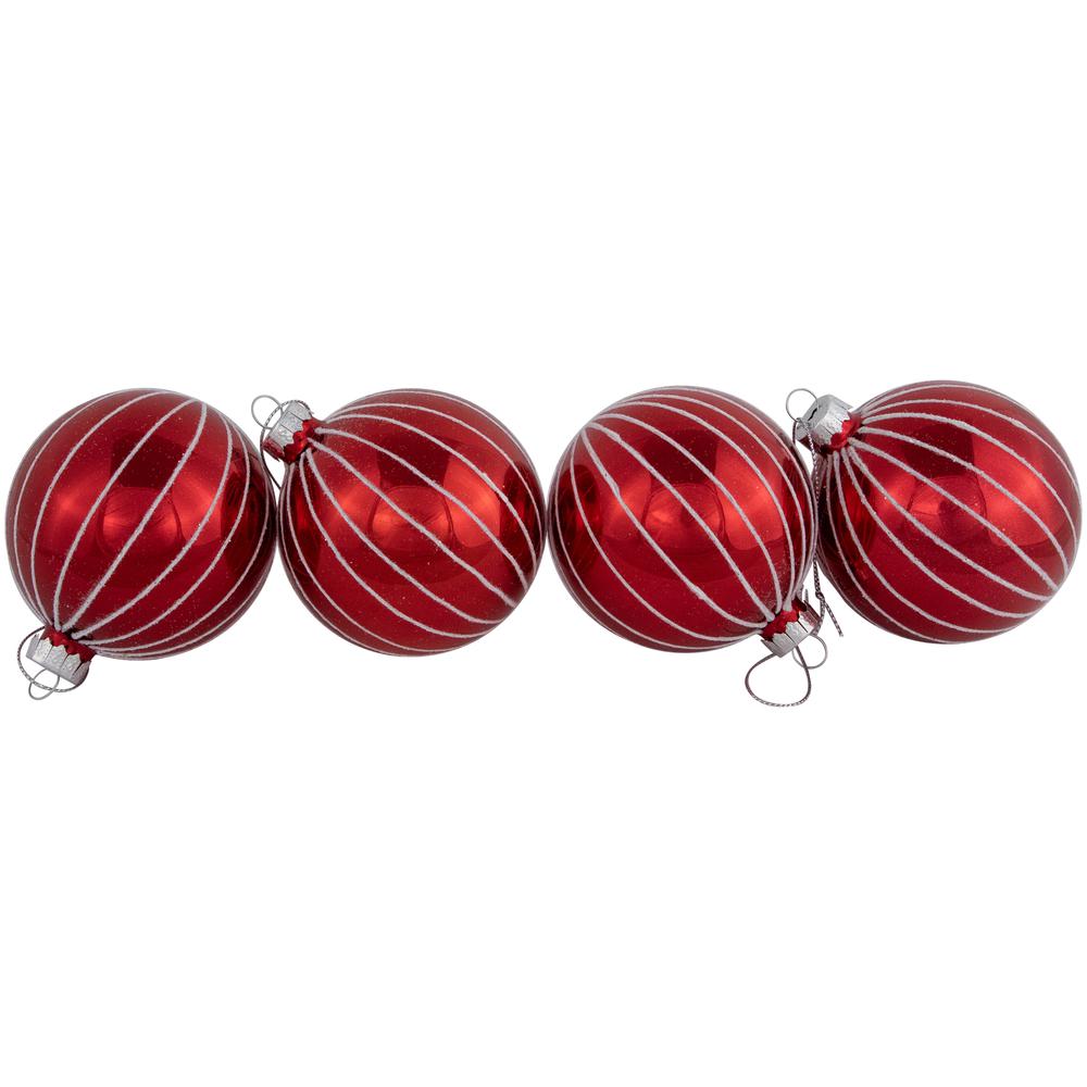 4ct Shiny Red and White Striped Glass Ball Christmas Ornaments 3" (80mm). Picture 3