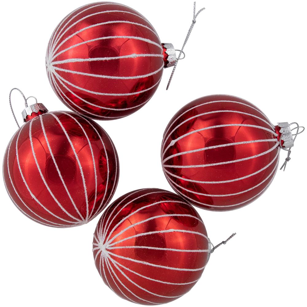 4ct Shiny Red and White Striped Glass Ball Christmas Ornaments 3" (80mm). Picture 4