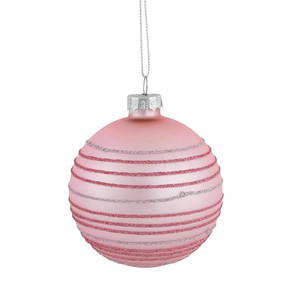 Set of 4 Pink Glitter Striped Glass Christmas Ball Ornaments 3" (80mm). Picture 1