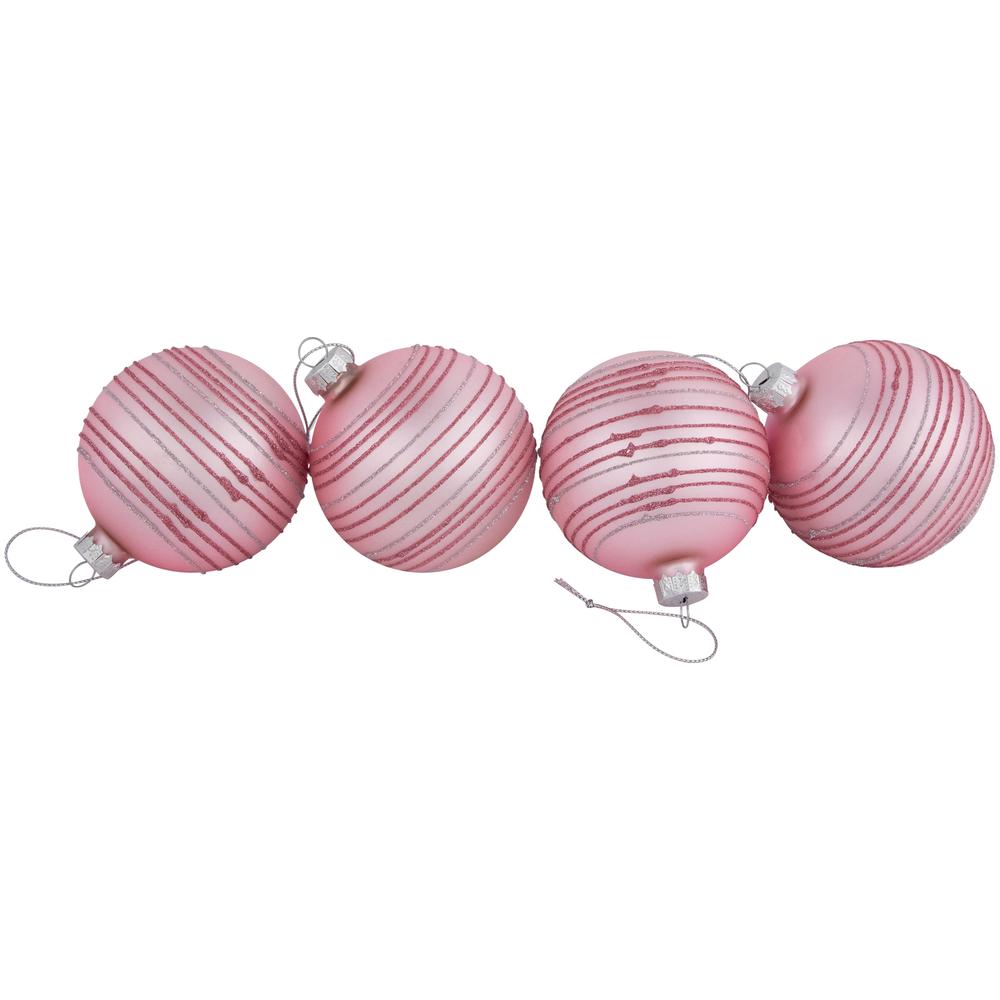 Set of 4 Pink Glitter Striped Glass Christmas Ball Ornaments 3" (80mm). Picture 3