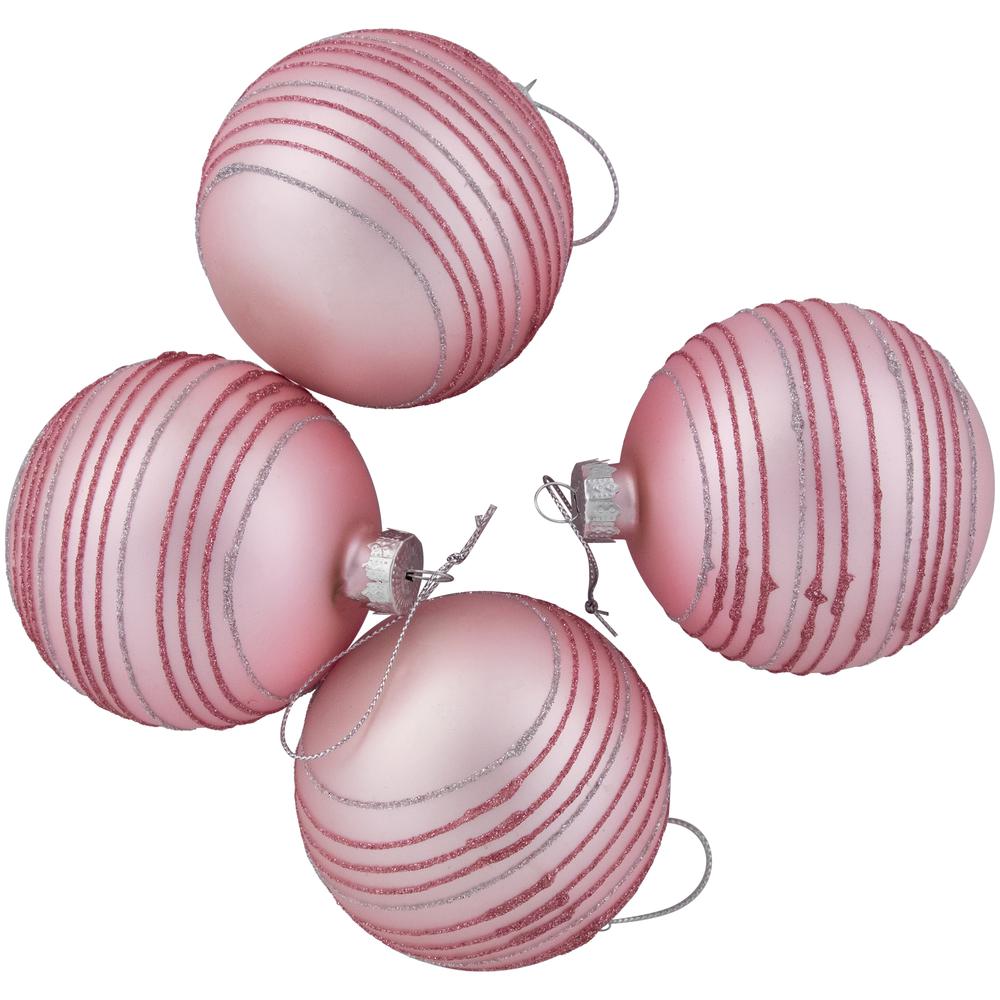 Set of 4 Pink Glitter Striped Glass Christmas Ball Ornaments 3" (80mm). Picture 4