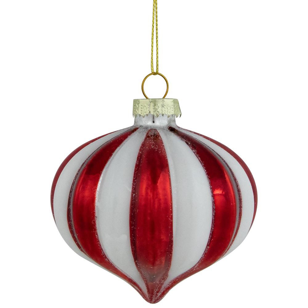 4ct Red and White Glittered Candy Cane Onion Glass Christmas Ornaments 3". Picture 1