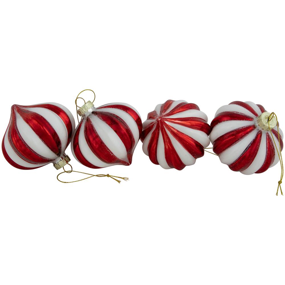 4ct Red and White Glittered Candy Cane Onion Glass Christmas Ornaments 3". Picture 3
