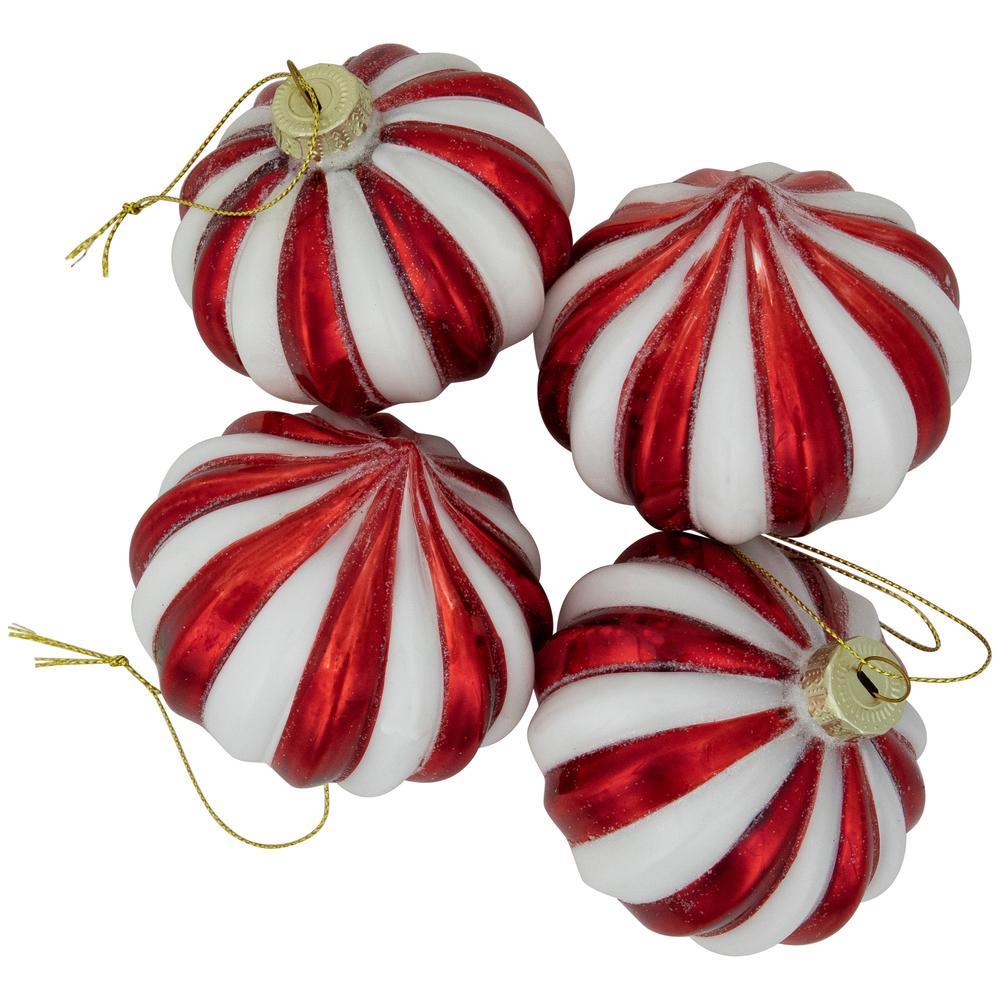 4ct Red and White Glittered Candy Cane Onion Glass Christmas Ornaments 3". Picture 4