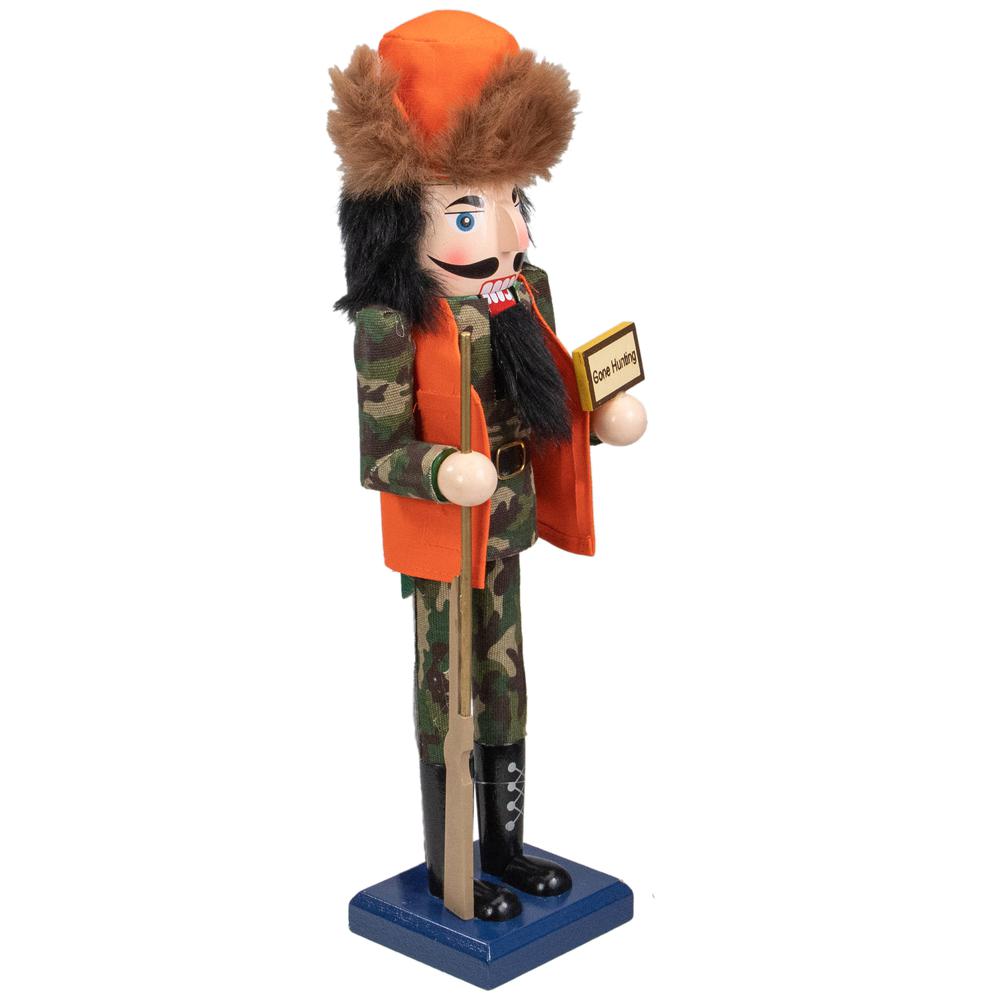 15" Orange and Green "Gone Hunting" Christmas Nutcracker in Camouflage. Picture 3