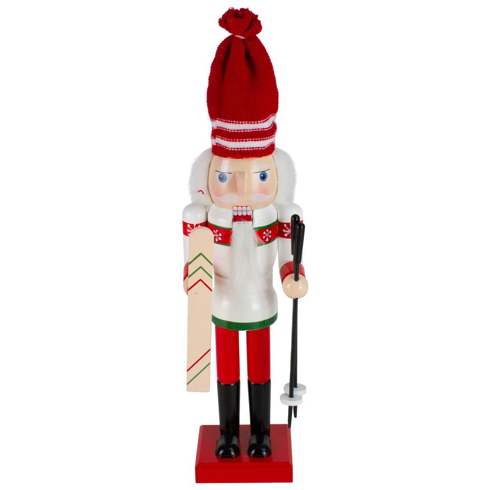 14" Red and White Wooden Skiing Christmas Nutcracker. Picture 1