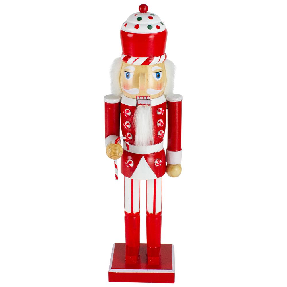 14" Red and White Wooden Candy Cane King Christmas Nutcracker. Picture 1