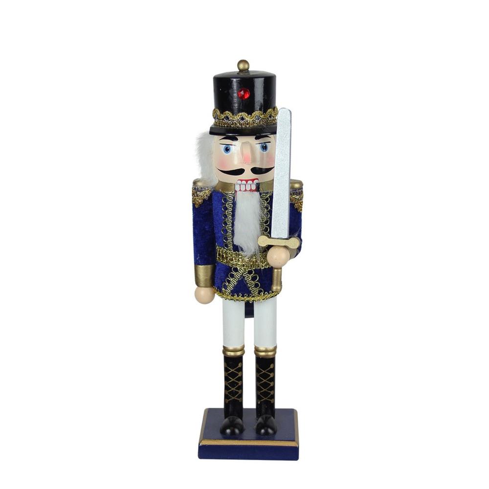 14" Blue and White Christmas Nutcracker Soldier with Sword Tabletop Decor. Picture 2