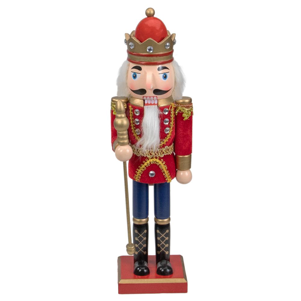 14" Red and Gold Traditional Christmas Nutcracker King with Scepter Tabletop Figurine. Picture 1