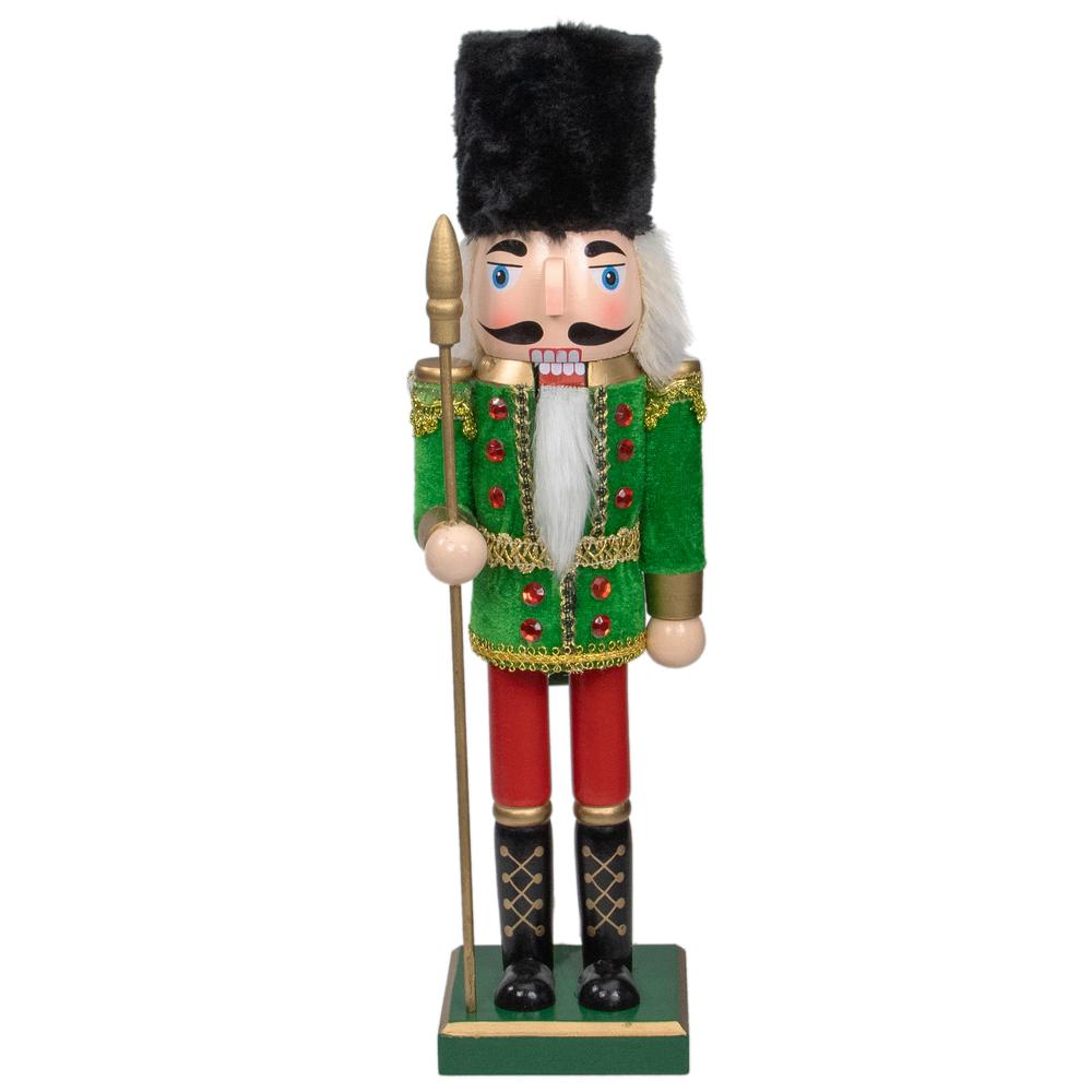 14" Green and Red Christmas Nutcracker Soldier with Spear. Picture 1