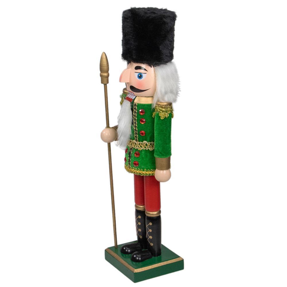 14" Green and Red Christmas Nutcracker Soldier with Spear. Picture 4