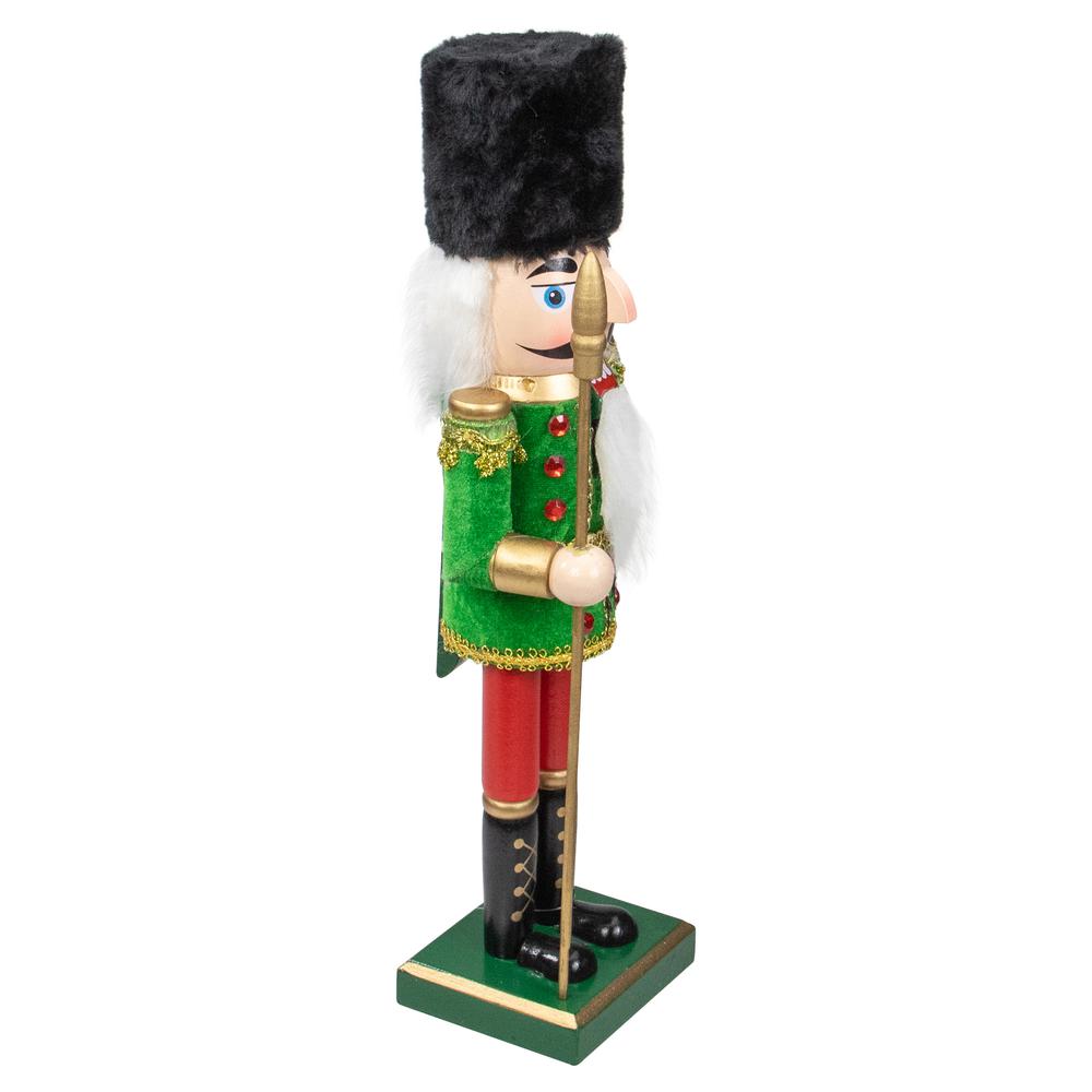 14" Green and Red Christmas Nutcracker Soldier with Spear. Picture 3