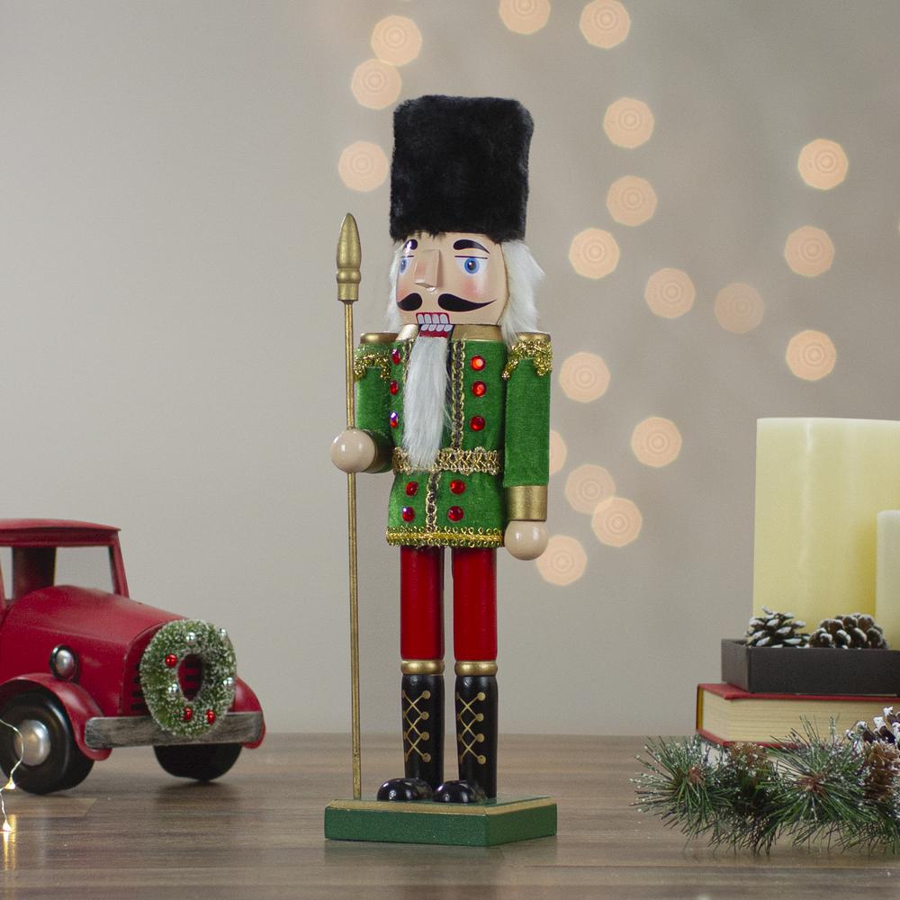 14" Green and Red Christmas Nutcracker Soldier with Spear. Picture 2