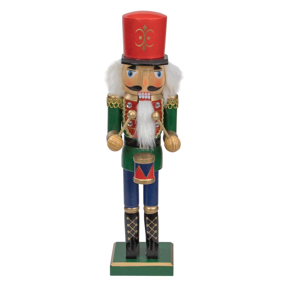 14" Green and Red Traditional Standing Drummer Christmas Nutcracker. Picture 1
