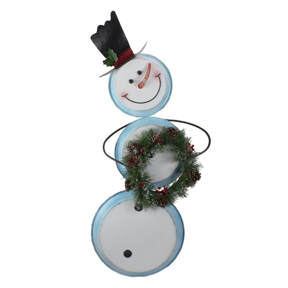 36" White and Blue Metal Snowman with Wreath Christmas Floor Decoration. Picture 1