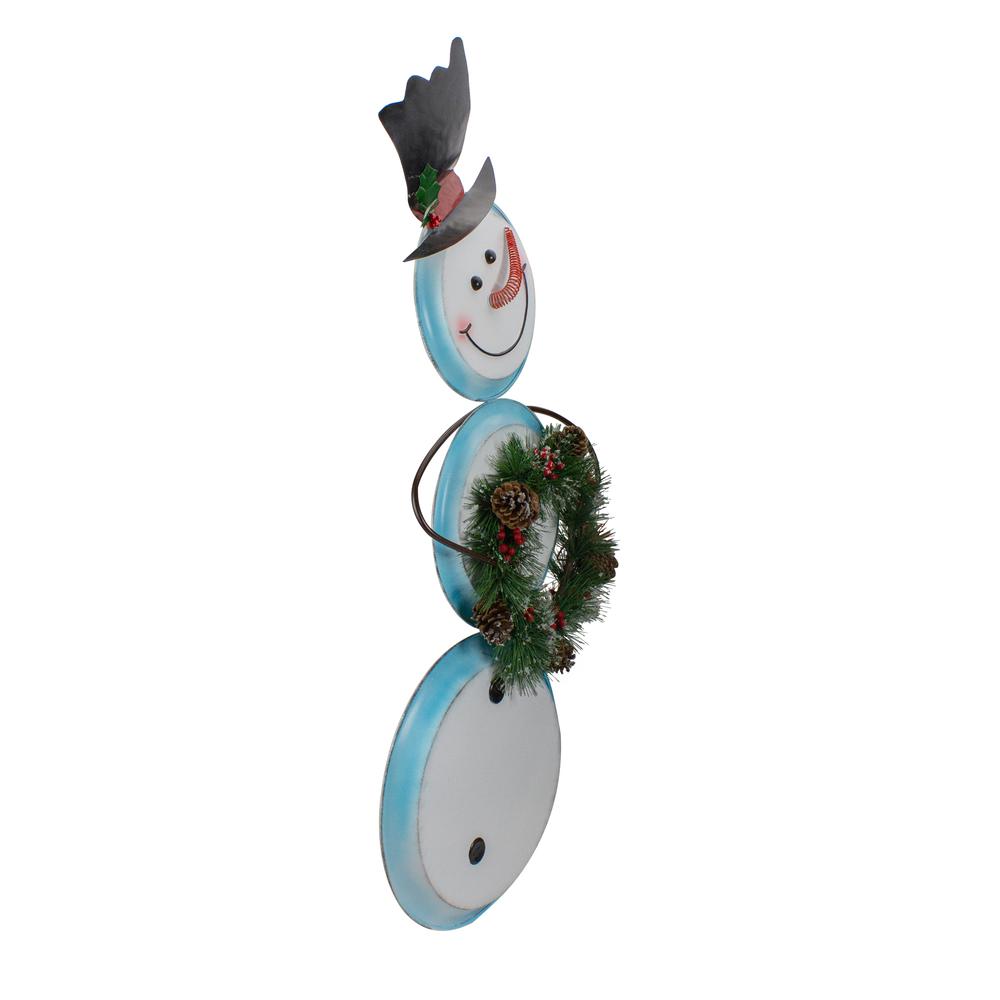 36" White and Blue Metal Snowman with Wreath Christmas Floor Decoration. Picture 2
