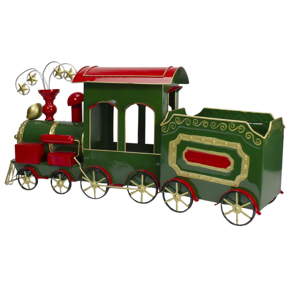 34" Green  Red and Gold Metal Train Figurine Tabletop Christmas Decoration. Picture 1
