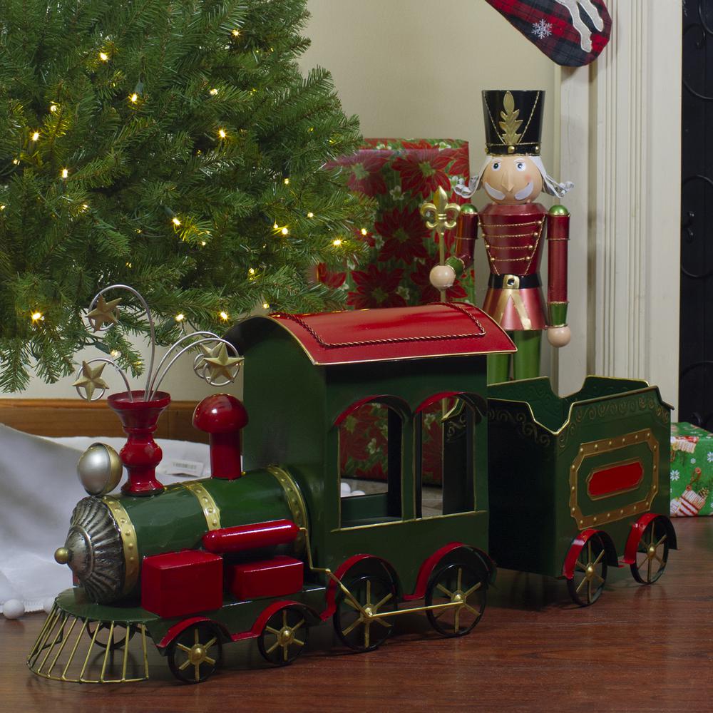 34" Green  Red and Gold Metal Train Figurine Tabletop Christmas Decoration. Picture 2