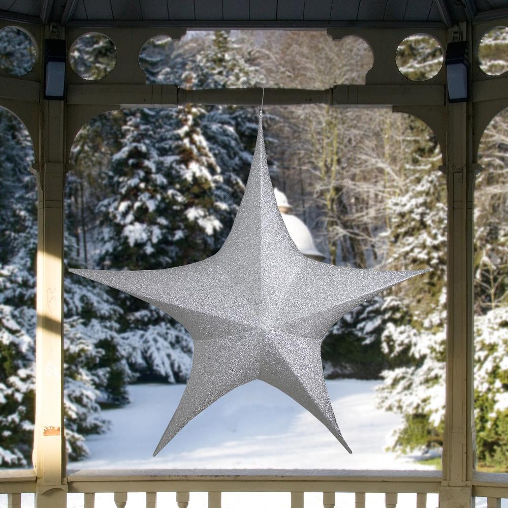 51" Silver Tinsel Foldable Christmas Star Outdoor Decoration. Picture 2