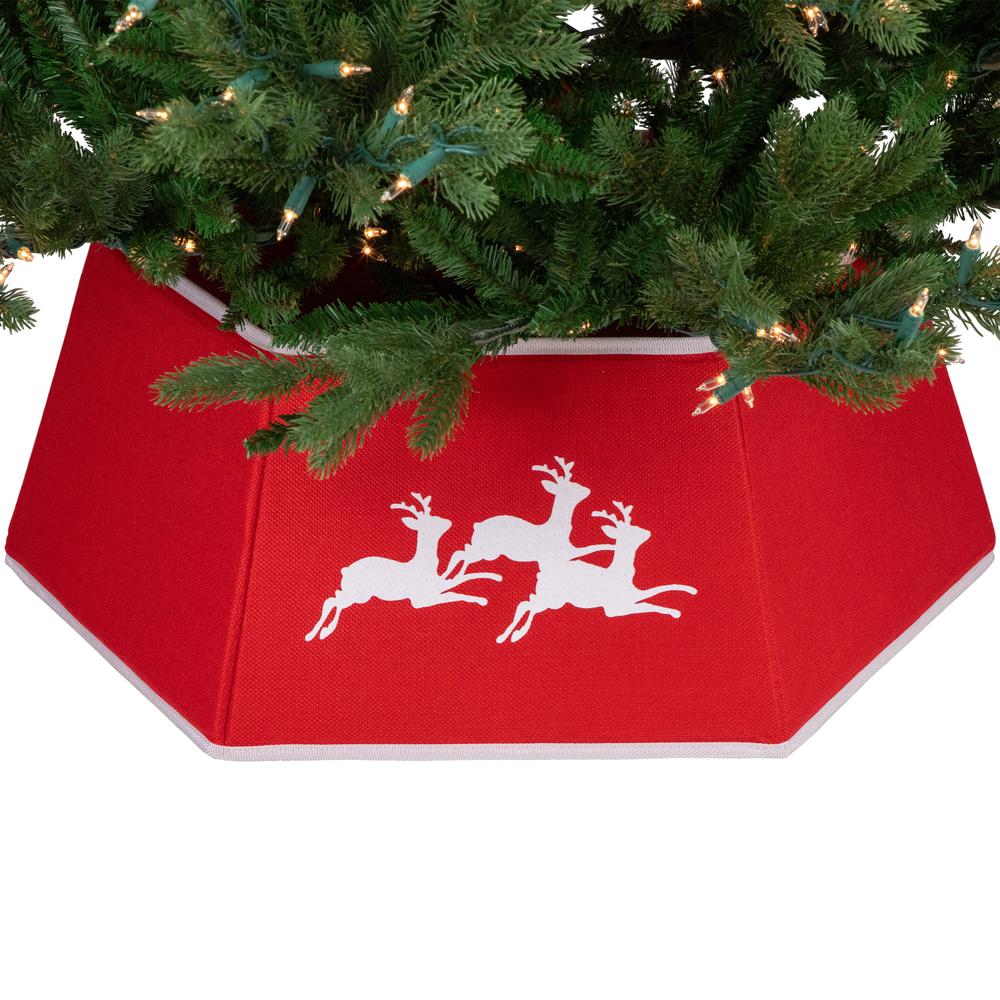26" Red Burlap with Reindeer Hexagonal Christmas Tree Collar. Picture 7