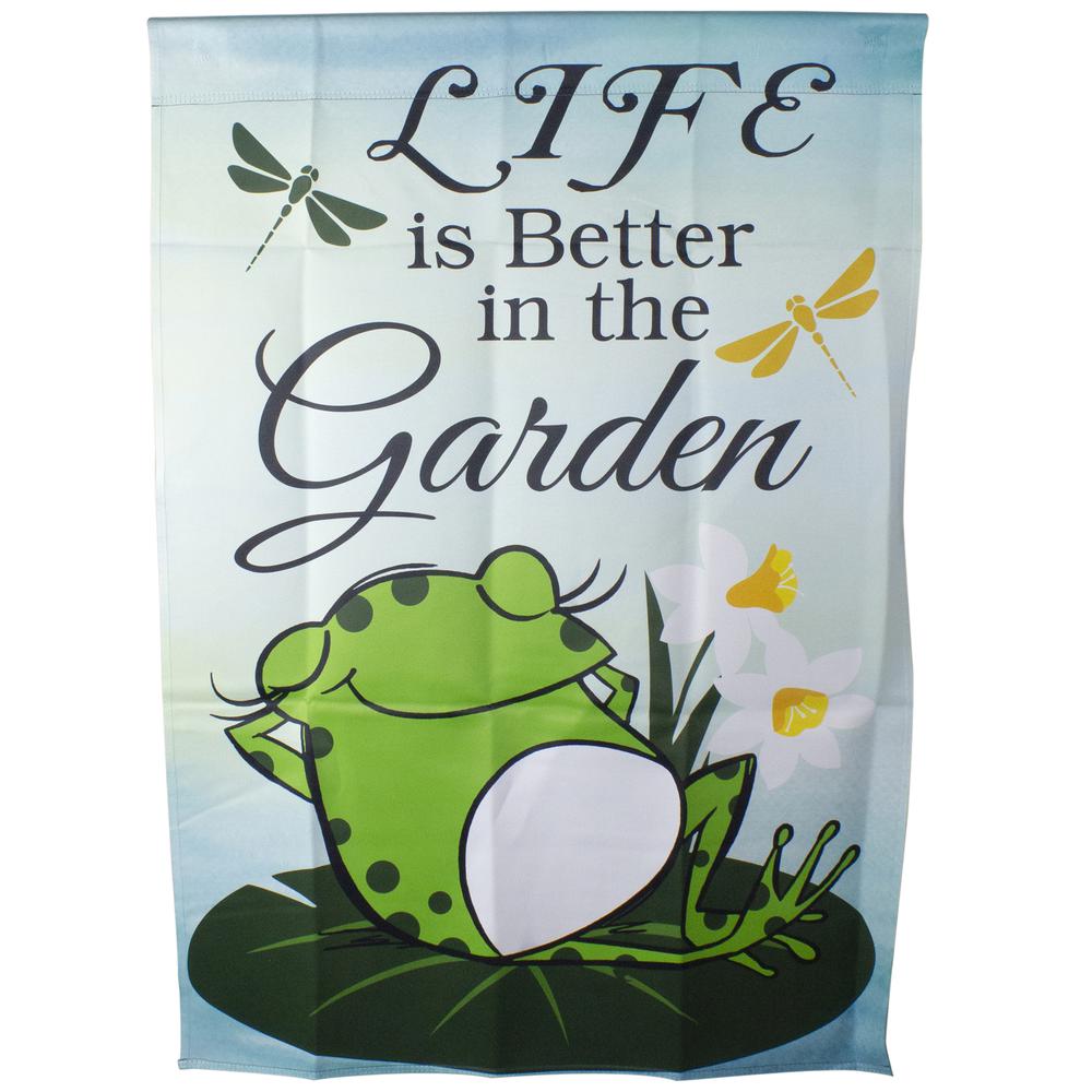 Life is Better in the Garden Green Frog Outdoor House Flag 28" x 40". Picture 2